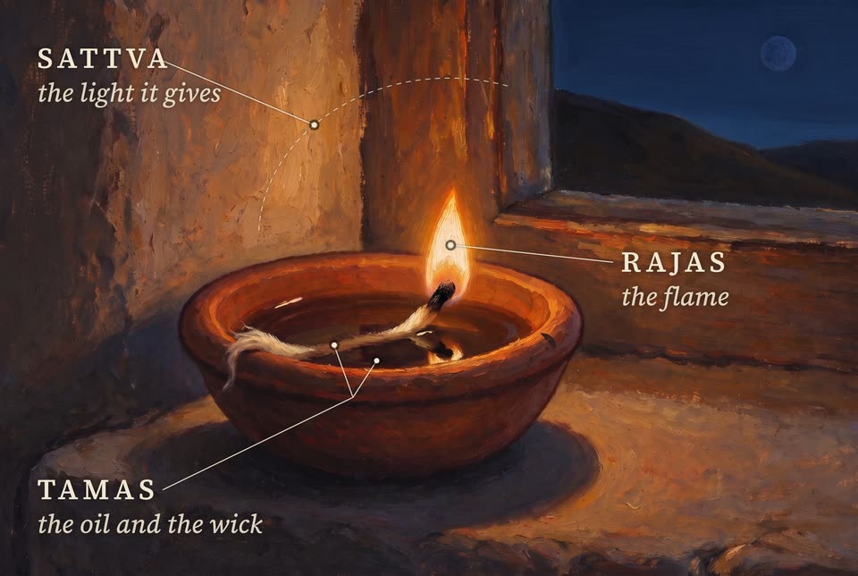The same diya, labelled: Tamas, the oil and the wick; Rajas, the flame; Sattva, the light it gives